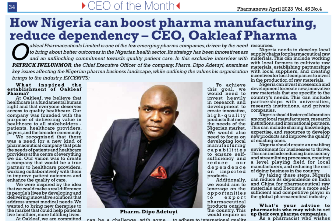 Pharmacist Dipo Adetuyi named CEO of the Month in Pharmanews’ April 2023 Issue.